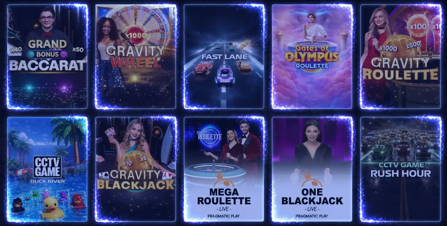 Live casino game lobby with baccarat, roulette and blackjack tables